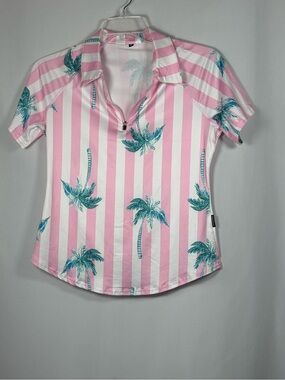 Soneven Polo Top Size M Pink Stripe Palm-Print Short Sleeve Polo Top
